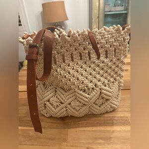 Anabaglish Lane Cream Macramé Crossbody Bag with Brown Leather Strap